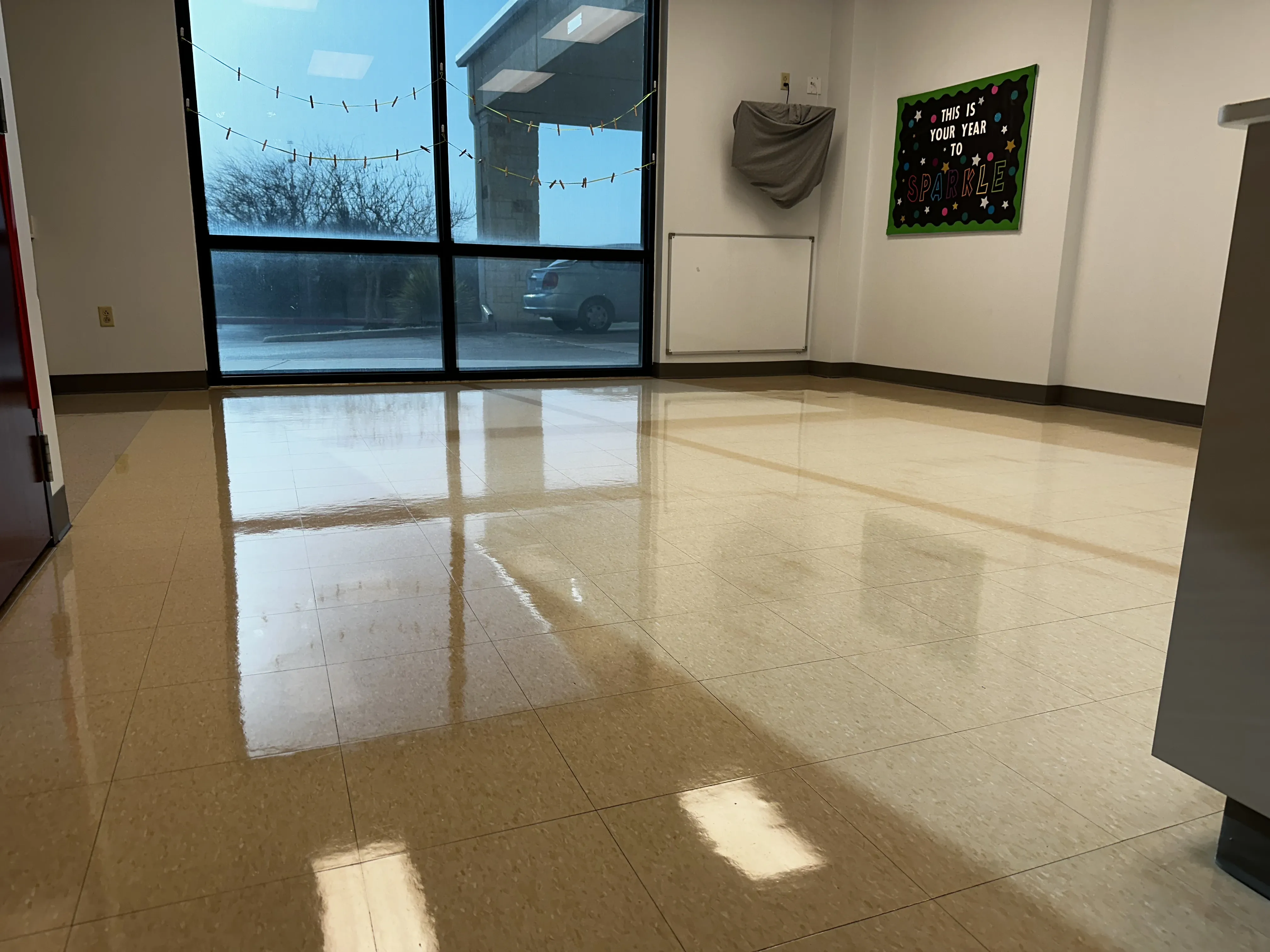 Church classroom with freshly stripped and waxed VCT tile